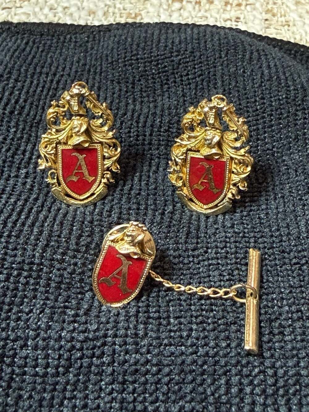 Vintage Gold Tone Red Enamel Initial Letter A Heraldic Crest Cufflinks and Tie T